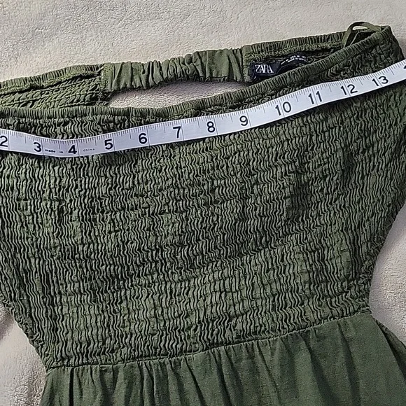 Zara Olive Green Linen Blend Strapless Shoulder Smocked Midi Dress Size M Boho - Picture 8 of 12